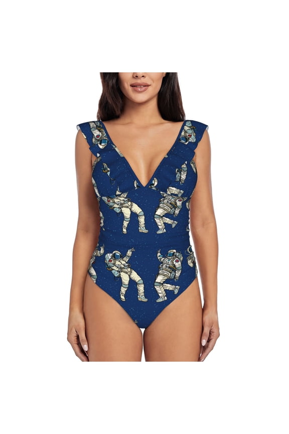 Disco party Astronaut Dancing Blooming Jelly Womens Tummy Control Bathing Suits Slimming Ruffle Swimsuit One Piece Lace Swimwear-