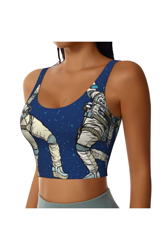 Disco party Astronaut Dancing Sports Bra for Women,Padded Strappy Sports Bras Medium Support Yoga Bra with Removable Cups,Running Yoga Bra-Large