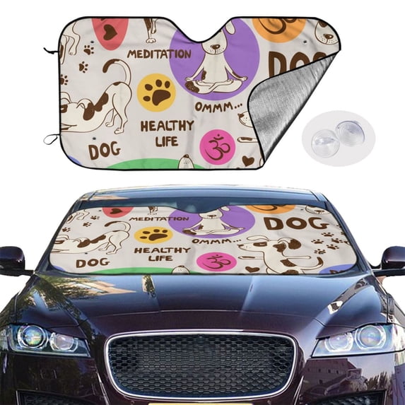 Picia Dog Doing Yoga Curved Windshield Sunshade Accordion Folding Style Auto Shade for Car Truck SUV Van Blocks UV Ray Sun Visor Protector -Small