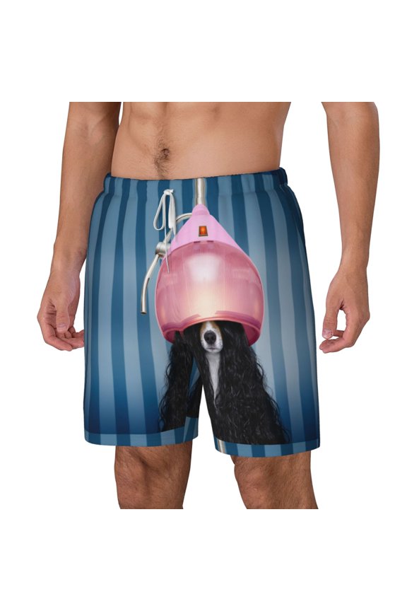 Dog in Hairdresser pattern Mens Swim Trunks with Compression Liner Stretch Beach Shorts Quick Dry with Zipper Pockets No-Chafing Board Shorts-Large