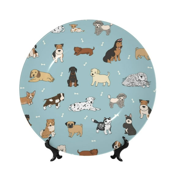 Picia Dog Pets Pattern Bone China Decorative Plate – Wall Decor with Stand and Adhesive, Elegant Ornament for Living Room, Office, or Entryway-10in