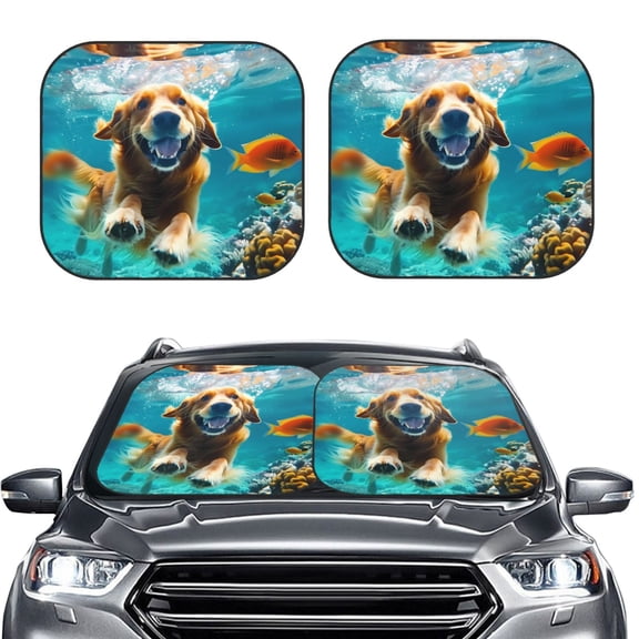 Picia Dog Underwater Adventure 2 Piece Car Windshield Sun Shade Foldable | Foldable Sun Shield for Front Window Blocks UV Rays and Keeps Your Vehicle Cool-Medium