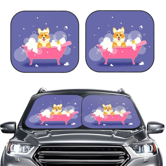 Picia Dog Washes in a Pink Bath 2 Piece Car Windshield Sun Shade Foldable | Foldable Sun Shield for Front Window Blocks UV Rays and Keeps Your Vehicle Cool-Medium