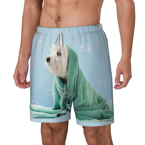 Picia Dog Wrapped in Towel pattern Mens Swim Trunks with Compression Liner Stretch Beach Shorts Quick Dry with Zipper Pockets No-Chafing Board Shorts-Small