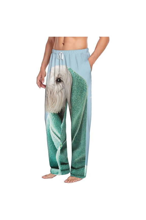 Dog Wrapped in Towel Mens Soft Woven Cotton Elastic Waistband Sleep Pajama Pant Lounge Sleep Pant With Pockets And Drawstring-Small