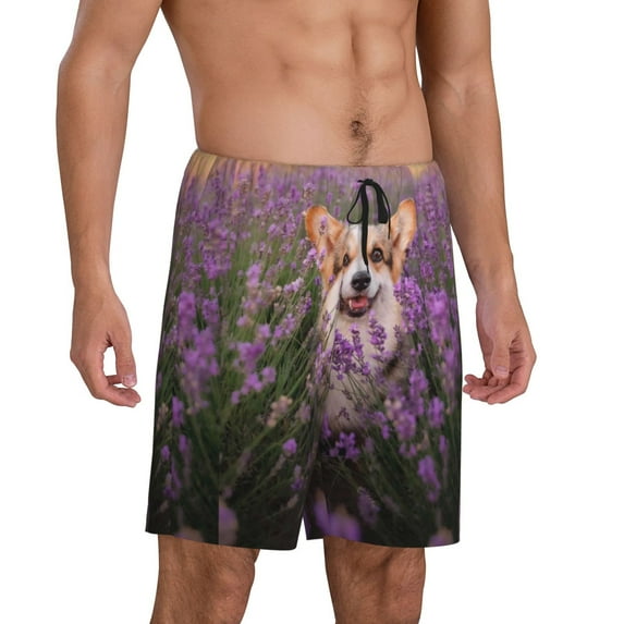 Picia Dog in Lavender Flowers Pajama Shorts for Men, Men's Pajama Bottoms, Sleepwear,Short Pajama Pants-3X-Large
