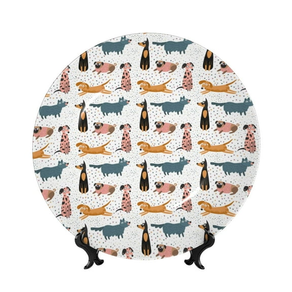 Picia Dogs Pug Pattern Bone China Decorative Plate – Wall Decor with Stand and Adhesive, Elegant Ornament for Living Room, Office, or Entryway-6in