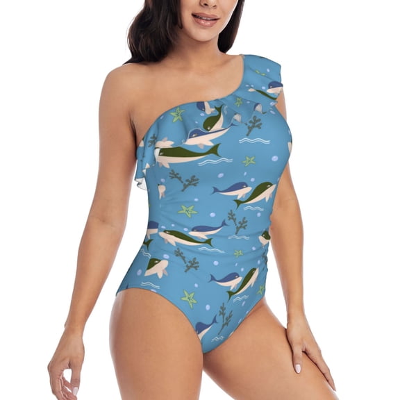 Picia Dolphin Lovers Pattern Women's One Piece Swimsuits,One Shoulder Swimwear Asymmetric ,Ruffle Monokinis Bathing Suits,High Waisted Flattering Bathing Suits-Medium