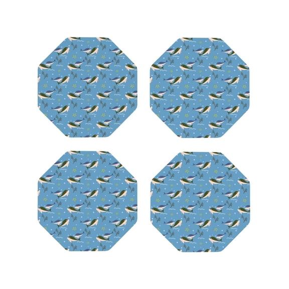 Picia Dolphin Lovers Printed Leather Coasters for Drinks, 4" Drink Coasters Set of 4 for Tabletop Protection, Handmade Luxurious Home Décor and Housewarming Gift -Octagon