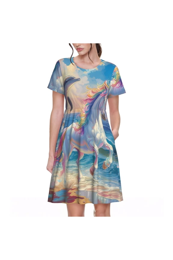 Dolphin Rainbow Horse Pattern Women's Short Sleeve Summer Dress Pleated Loose Swing Knee Length Short Sleeve Swing Dresses