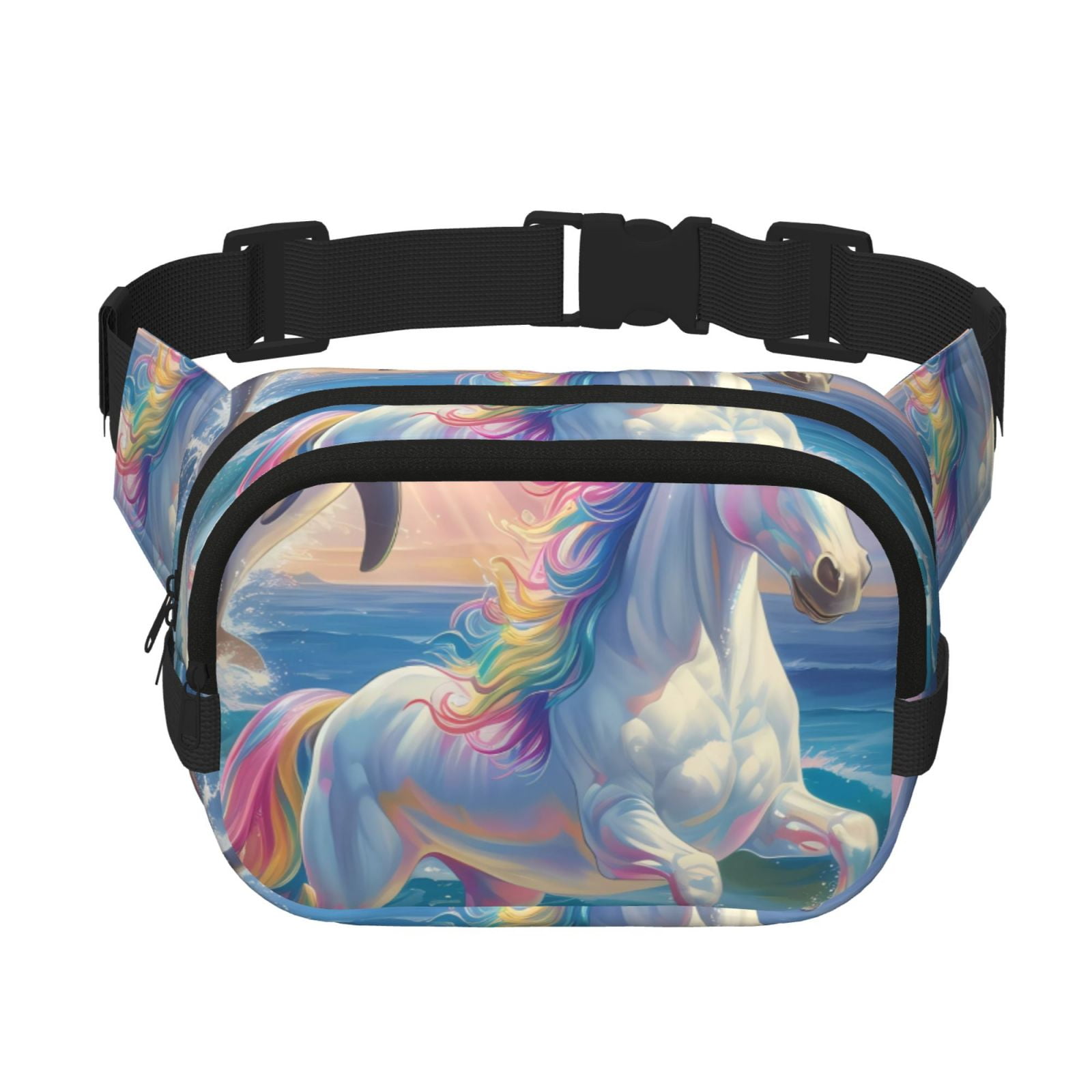 Picia Dolphin Rainbow Horse Print Square Double-Layer Waist Bag Mini Adjustable Waist Belt Bag Exercise Running Travel Hiking