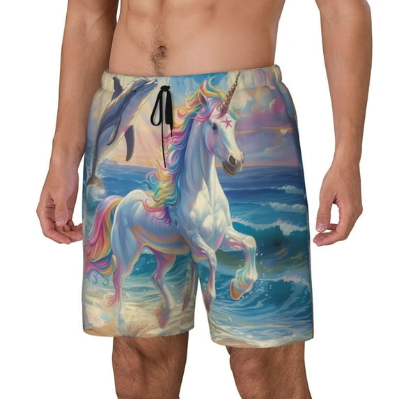 Picia Dolphin Rainbow Horse pattern Mens Swim Trunks with Compression Liner Stretch Beach Shorts Quick Dry with Zipper Pockets No-Chafing Board Shorts-XX-Large