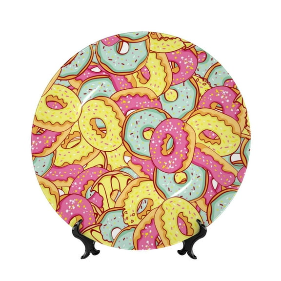 Picia Donut and Blue Pattern Bone China Decorative Plate – Wall Decor with Stand and Adhesive, Elegant Ornament for Living Room, Office, or Entryway-6in