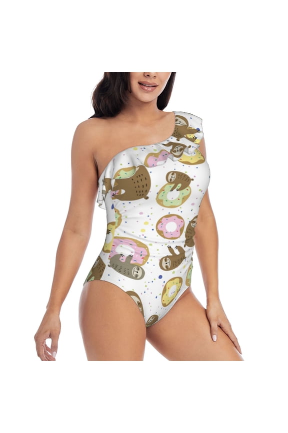 Donut Sloth Pattern Women's One Piece Swimsuits,One Shoulder Swimwear Asymmetric ,Ruffle Monokinis Bathing Suits,High Waisted Flattering Bathing Suits-XX-Large