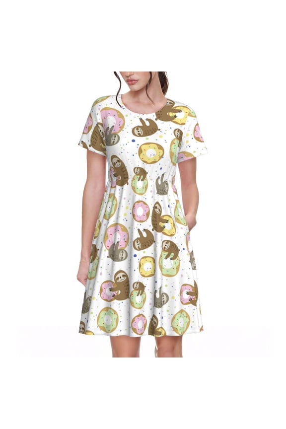 Donut Sloth Pattern Women's Short Sleeve Summer Dress Pleated Loose Swing Knee Length Short Sleeve Swing Dresses