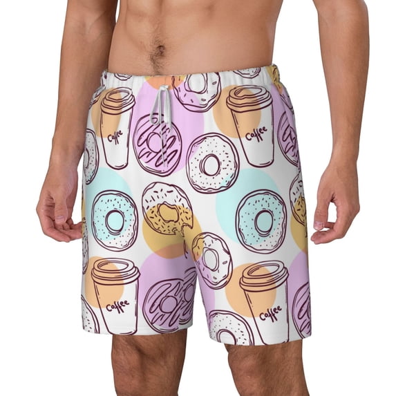 Picia Donuts and Coffee pattern Mens Swim Trunks with Compression Liner Stretch Beach Shorts Quick Dry with Zipper Pockets No-Chafing Board Shorts-Large