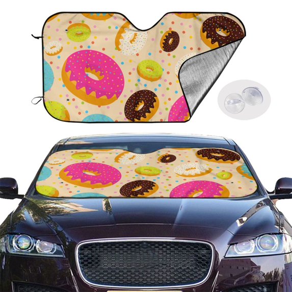 Picia Donuts Curved Windshield Sunshade Accordion Folding Style Auto Shade for Car Truck SUV Van Blocks UV Ray Sun Visor Protector -