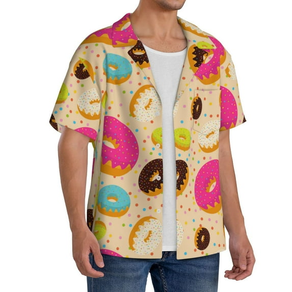Picia Donuts Men's Linen Shirts Short Sleeve Cuban Beach Shirts Casual Shirts Button Down Shirt for Men Beach Summer Wedding Shirt-Medium