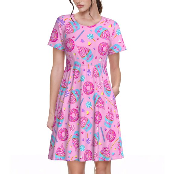 Picia Donuts Pattern Women's Short Sleeve Summer Dress Pleated Loose Swing Knee Length Short Sleeve Swing Dresses