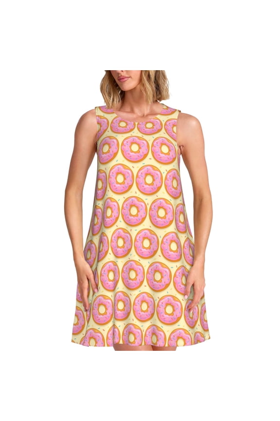 Donuts With Pink Glaze Print Women’s Sleeveless Midi Swing Dress – A-Line Pleated Tank Sundress, Comfortable and Flowy T-Shirt Dress