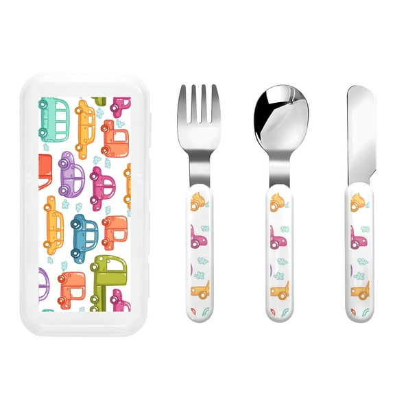 Picia Doodle Cars Print Children's Knife, Fork And Spoon Set - Kids Knife Fork Spoon - Stainless Steel Kids Silverware Set - Metal Kids Cutlery Set