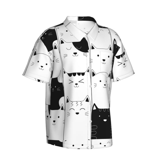 Picia Doodle Cute Cat Gentle Cotton Regular Fit Short Sleeve Casual Hawaiian Shirt for Men-Large