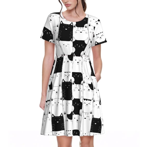 Picia Doodle Cute Cat Pattern Women's Short Sleeve Summer Dress Pleated Loose Swing Knee Length Short Sleeve Swing Dresses