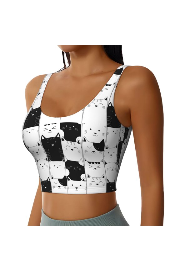 Doodle Cute Cat Sports Bra for Women,Padded Strappy Sports Bras Medium Support Yoga Bra with Removable Cups,Running Yoga Bra-Large