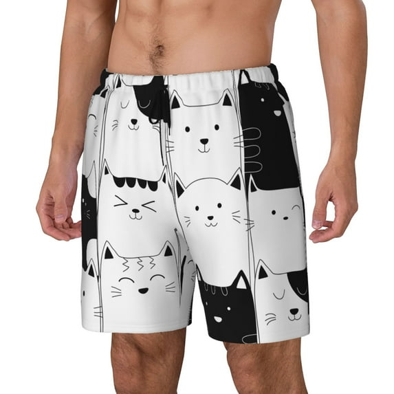 Picia Doodle Cute Cat pattern Mens Swim Trunks with Compression Liner Stretch Beach Shorts Quick Dry with Zipper Pockets No-Chafing Board Shorts-Small