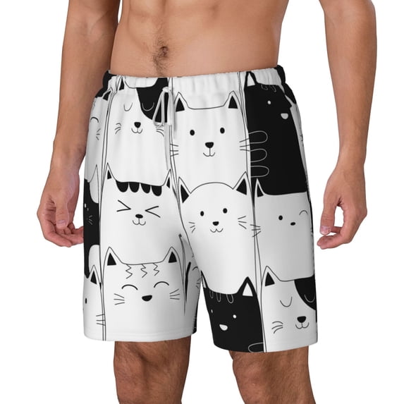 Picia Doodle Cute Cat pattern Mens Swim Trunks with Compression Liner Stretch Beach Shorts Quick Dry with Zipper Pockets No-Chafing Board Shorts-X-Large