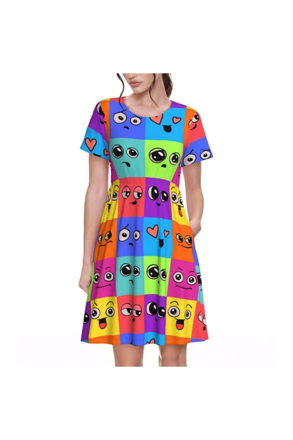Doodle Faces Emotions Pattern Women's Short Sleeve Summer Dress Pleated Loose Swing Knee Length Short Sleeve Swing Dresses