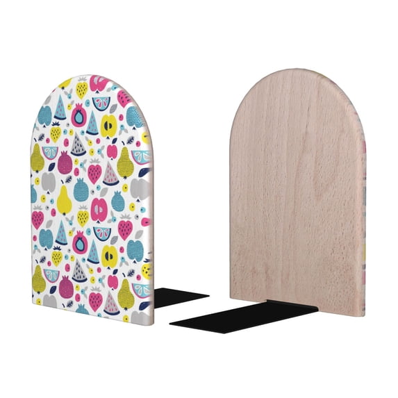 Picia Doodle Fruits Pattern Wood Bookends for Shelves,Non-slip Bookends, Heavy Duty Wooden Bookend Support,1 Pair
