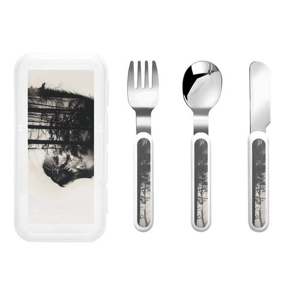 Picia Double Exposure Cat Forest Print Children's Knife, Fork And Spoon Set - Kids Knife Fork Spoon - Stainless Steel Kids Silverware Set - Metal Kids Cutlery Set