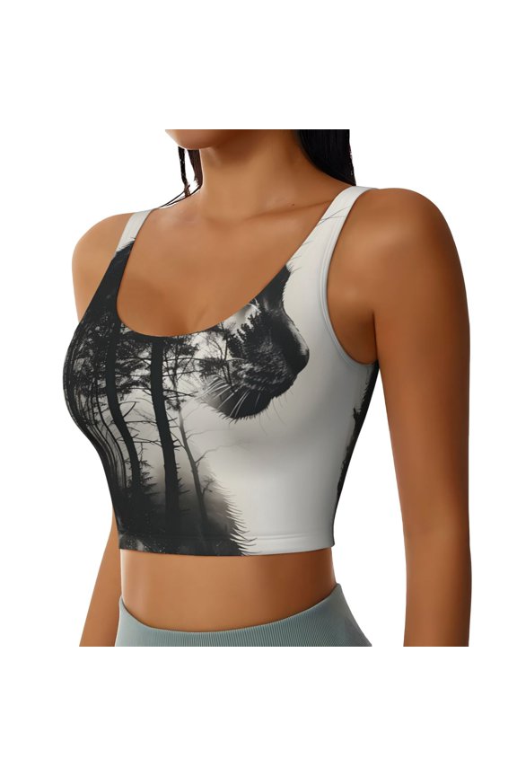 Double Exposure Cat Forest Sports Bra for Women,Padded Strappy Sports Bras Medium Support Yoga Bra with Removable Cups,Running Yoga Bra-XX-Large