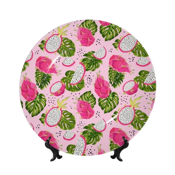 Picia Dragon Fruits Pattern Bone China Decorative Plate – Wall Decor with Stand and Adhesive, Elegant Ornament for Living Room, Office, or Entryway-7in