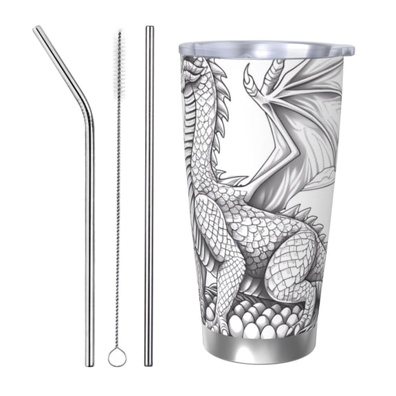 Picia Dragon Nest Sketch Pattern 20 oz Tumbler Stainless Steel Vacuum Insulated Coffee Ice Cup Double Wall Travel Flask Dual Lid Water Bottle, Eco-friendly Car Cup-Straw Three-piece Set