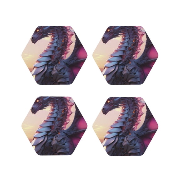Picia Dragon Printed Leather Coasters for Drinks, 4" Drink Coasters Set of 4 for Tabletop Protection, Handmade Luxurious Home Décor and Housewarming Gift -Hexagon