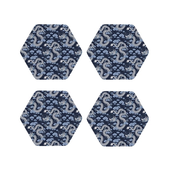 Picia Dragon Printed Leather Coasters for Drinks, 4" Drink Coasters Set of 4 for Tabletop Protection, Handmade Luxurious Home Décor and Housewarming Gift -Hexagon