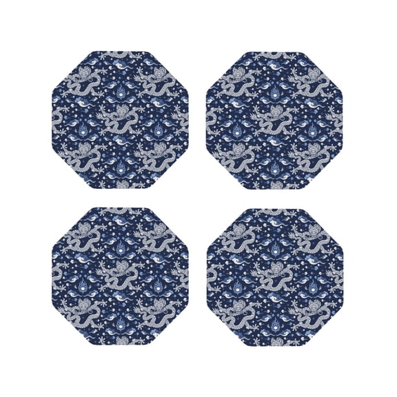 Picia Dragon Printed Leather Coasters for Drinks, 4" Drink Coasters Set of 4 for Tabletop Protection, Handmade Luxurious Home Décor and Housewarming Gift -Octagon