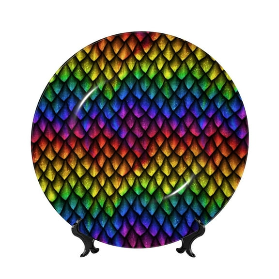 Picia Dragon Scales Pattern Bone China Decorative Plate – Wall Decor with Stand and Adhesive, Elegant Ornament for Living Room, Office, or Entryway-7in