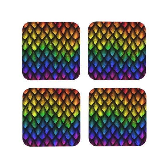 Picia Dragon Scales Printed Leather Coasters for Drinks, 4" Drink Coasters Set of 4 for Tabletop Protection, Handmade Luxurious Home Décor and Housewarming Gift -Square