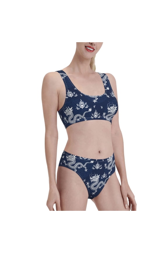 Dragon Women's High Waisted Bikini Scoop Neck Swimsuit Two Pieces Bathing Suit-Medium