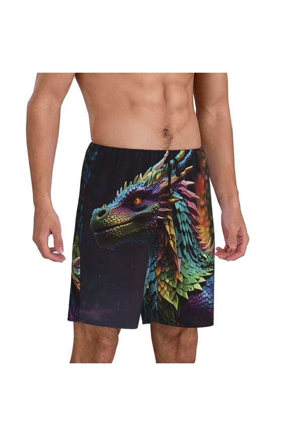 Dragon with Colorful Tail Pajama Shorts for Men, Men's Pajama Bottoms, Sleepwear,Short Pajama Pants-XX-Large