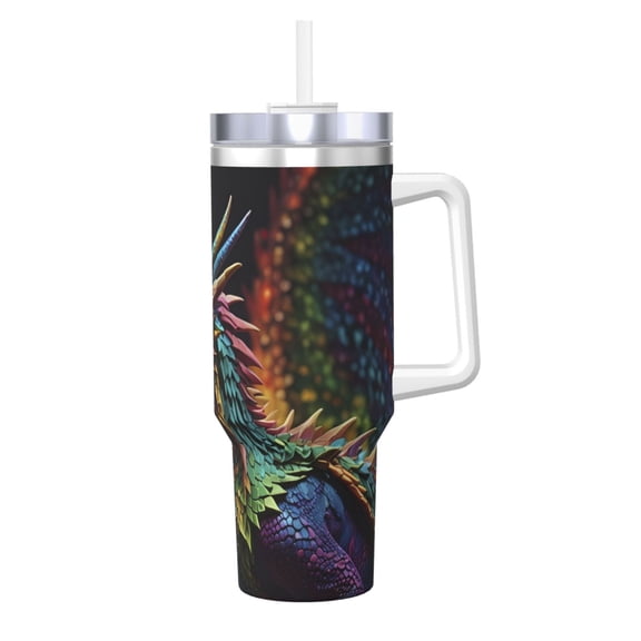 Picia Dragon with Colorful Tail Pattern 40oz Ice Bully Insulated Tumbler with Handle, Double-Wall Stainless Steel Cup, Leak-Proof Lid and Straw