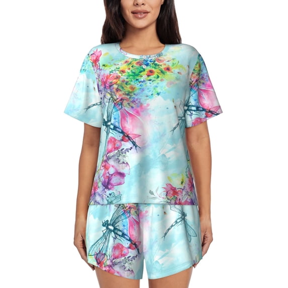 Picia Dragonfly Floral Pajamas Sets for Women Soft Short-Sleeved Pjs with Lounge Shorts Two Piece Sleepwear-Medium