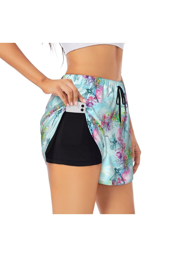 Dragonfly Floral Pattern Women's 2 in 1 Athletic Running Shorts High Waisted Workout Casual Gym Sweat Shorts with Comfy Liner Zipper Pockets-X-Large