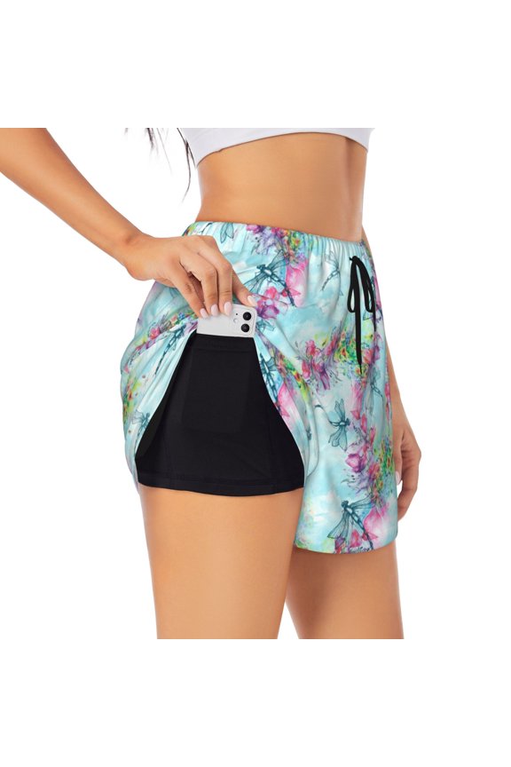 Dragonfly Floral Pattern Women's 2 in 1 Athletic Running Shorts High Waisted Workout Casual Gym Sweat Shorts with Comfy Liner Zipper Pockets-XX-Large