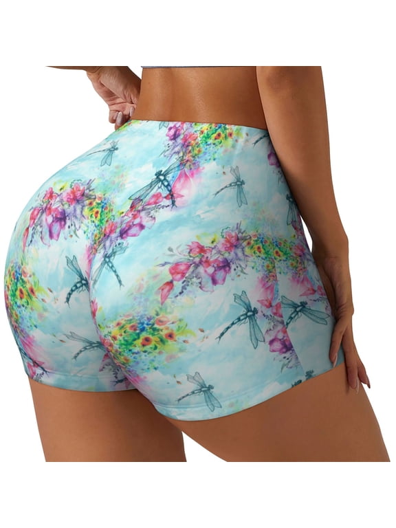 Dragonfly Floral Printed Workout Shorts for Women Seamless Scrunch Butt Lifting High Waisted Yoga Gym Booty Running Moisture-wicking Short Pants-Small
