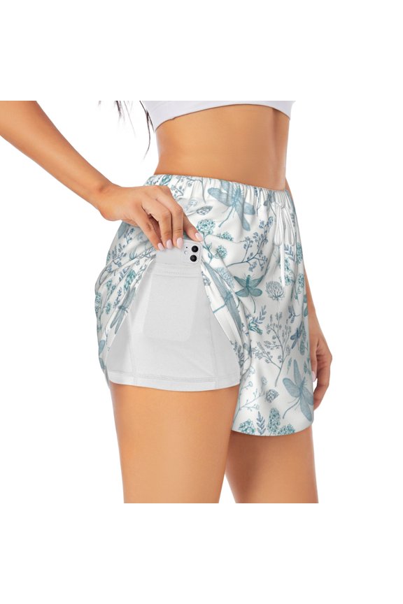 Dragonfly Pattern Women's 2 in 1 Athletic Running Shorts High Waisted Workout Casual Gym Sweat Shorts with Comfy Liner Zipper Pockets-Small