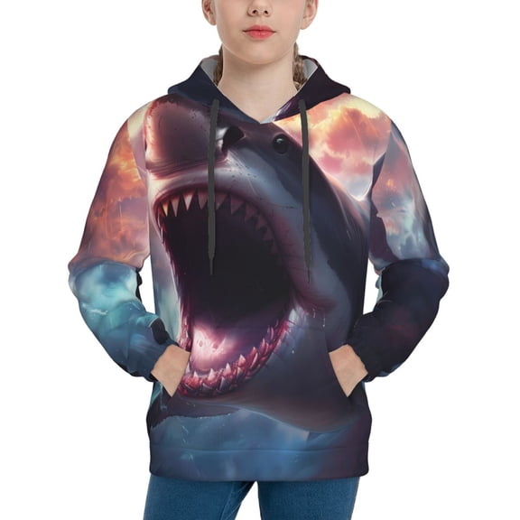 Picia Dramatic Shark Attack Pattern Youth Hoodie - Warm Pullover Sweatshirt with Kangaroo Pocket, Ideal for Boys and Girls-Large